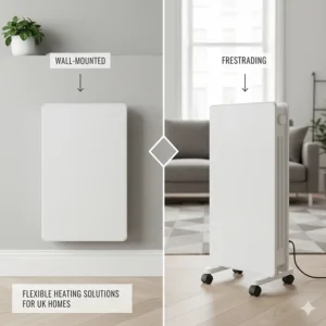 A comparison of a wall-mounted panel heater and a portable freestanding model on castors.