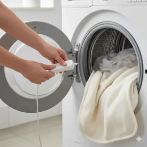 A person detaching the power cable and controller from a cream-coloured electric blanket before putting it into a front-loading washing machine.