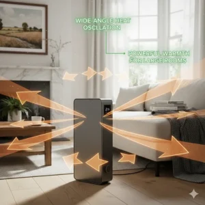 An illustration showing the 90-degree oscillation range of a powerful portable heater for a large room.