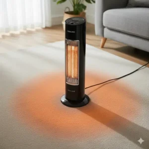 A black tower halogen heater on a light-coloured carpet showing the wide-angle heat distribution and oscillation range.