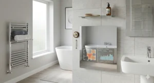 A digital interface displayed over a bathroom mirror showing heat zones and energy usage statistics for safe UK bathroom installation.