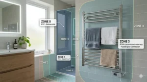 Illustration of UK bathroom zones explaining the safety IP ratings for electric towel radiator installation.