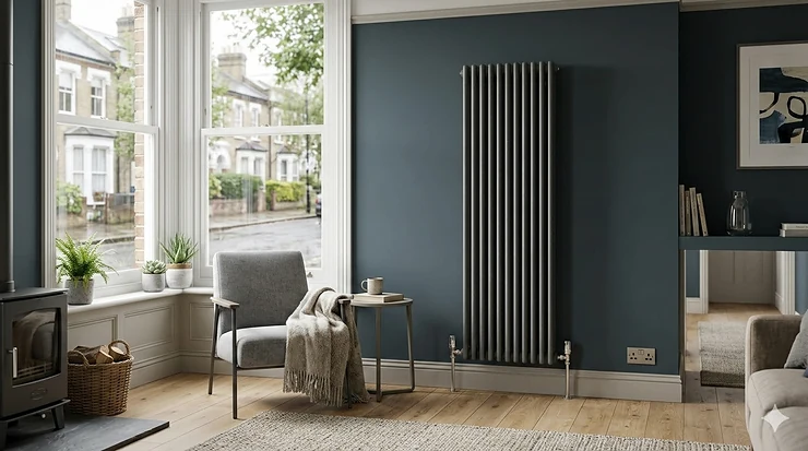 A selection of the best designer radiators in a modern British living room setting with a Victorian bay window. best designer radiators