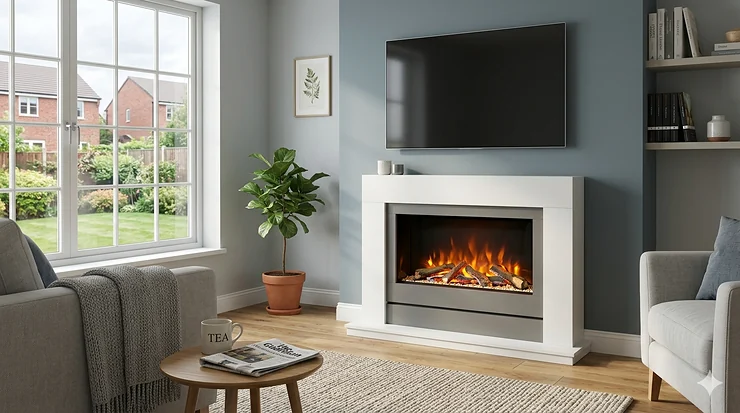 A contemporary British living room featuring a premium electric fire suite with a realistic LED flame effect, installed beneath a wall-mounted television. best electric fire suite