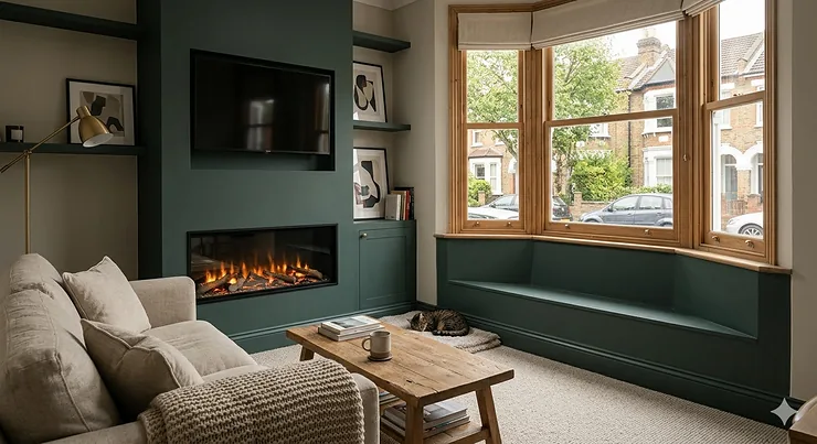 A modern inset electric fire with a realistic flame effect installed in a contemporary white mantelpiece within a British lounge. best electric fire