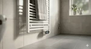 Wall-mounted white electric heated towel rail with an integrated digital thermostat control panel, mounted on a light grey tiled bathroom wall with folded grey towels.