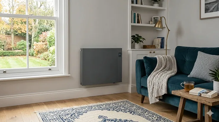 A contemporary anthracite grey electric radiator installed on a light grey painted wall next to a large white sash window in a modern British living room with a blue velvet sofa and natural autumnal daylight. best electric radiators