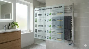 A comparison table showing the best electric towel radiators based on heat output, size, and UK price points.