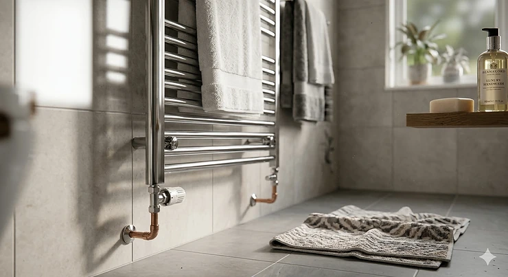A premium chrome ladder-style heated towel rail mounted on a modern tiled bathroom wall in a UK home. best heated towel rail