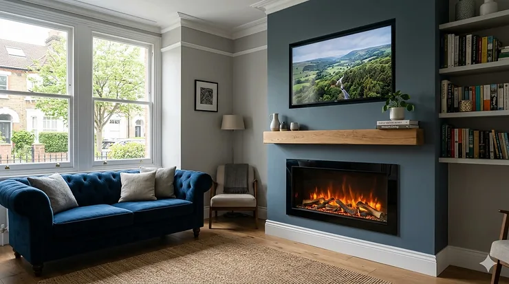 Modern wall mounted electric fire with a realistic flame effect installed in a contemporary British living room. wall mounted electric fire