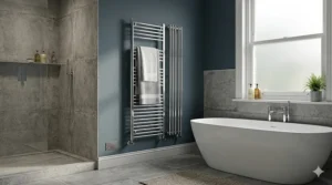Modern chrome ladder-style designer radiator warming towels in a contemporary UK bathroom.