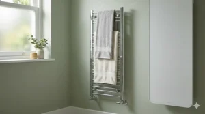 A sleek chrome heated towel rail installed in a contemporary en-suite, a popular and practical bathroom heater choice in the UK.