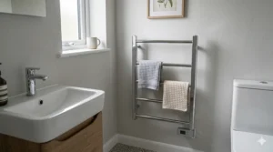 A slimline electric towel rail perfect for small British cloakrooms or en-suite bathrooms.