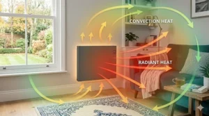 A clear thermal visualization of a modern electric radiator in a British living room, using arrows to illustrate how gentle convection currents combine with radiant heat to provide rapid, even warmth across the entire room space.