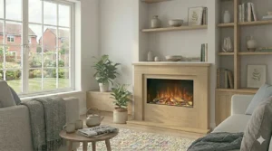 A space-saving electric fire suite with a natural wood surround, designed to fit perfectly into the corner of a smaller UK living room.