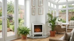 A small white freestanding electric fire tucked neatly into the corner of a contemporary British conservatory during the daytime.