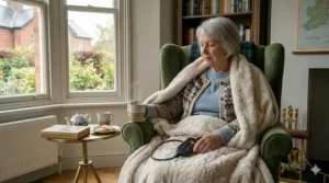 An elderly woman wrapped in a heated throw sitting in an armchair with a teapot, a plate of shortbread, and a book titled A Winter's Tale.