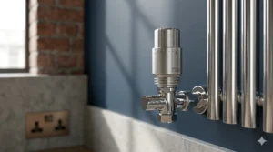 Close-up of a premium thermostatic radiator valve (TRV) on a high-end designer radiator.