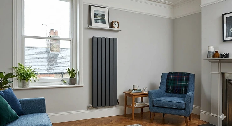 Anthracite-style anthracite vertical radiator installed in a narrow alcove of a modern British living room with a traditional sash window. vertical radiators for small spaces