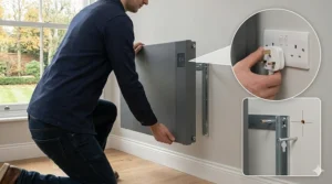 A user guides a modern anthracite grey electric radiator onto a pre-installed wall bracket in a British home, with close-ups detailing securing the bracket with screws and connecting the standard UK 3-pin plug.