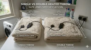 A comparison diagram showing a single and double-sized cream heated throw side-by-side, with labels for width, length, and rated power in Watts.