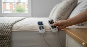 A photorealistic close-up photograph of the dual controllers for a king-size electric blanket resting on a bedside table in a natural light British bedroom, with a hand adjusting one controller.