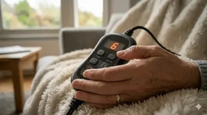 An elderly person's hand holding a simple digital remote control for a heated throw, showing the easy-to-use plus and minus buttons and heat settings.
