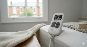 A photorealistic close-up photograph capturing the digital controller of a king size electric blanket on a bedside table in a natural light British bedroom, with the illuminated display showing 'TIMER: 6 HRS' and a sleep icon.
