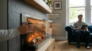 Close-up showing the heat output vents and 2kW fan heater performance of a wall mounted electric fire.