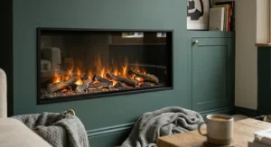 A bespoke timber media wall featuring an integrated three-sided panoramic electric fire and recessed shelving.