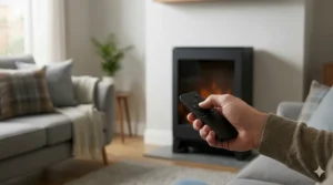 A hand with a silver wedding band holding a sleek black remote control points at the base of a modern freestanding electric fire.