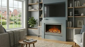 A modern media wall featuring an integrated panoramic electric fire suite and bespoke cabinetry in a grey-toned British lounge.