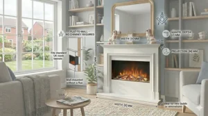 A detailed technical diagram illustrating the dimensions and flat-to-wall installation requirements for an electric fire suite.