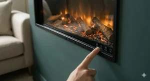 A complete electric fireplace suite including a log-effect fire, a carved limestone surround, and matching back panel.