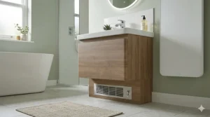 An electric fan plinth heater tucked into the base of a bathroom cabinet, ideal for heating small UK bathrooms with limited wall space.