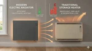 A detailed cost comparison graphic presented on a warm grey wall, showing a modern efficient electric radiator with low green daily usage costs versus a bulky traditional night storage heater with high red costs and significant heat loss.