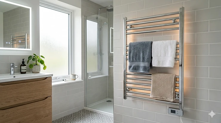 A modern British bathroom featuring the best electric towel radiator in a polished chrome finish on a tiled wall. electric towel radiator best