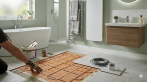 An electric underfloor heating mat being laid beneath ceramic tiles, often considered the best bathroom heater for consistent floor-to-ceiling warmth.
