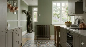 A modern horizontal column radiator integrated into a Shaker-style kitchen under a window, reflecting high-end British interior design.