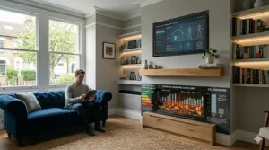 An infographic showing the energy efficiency ratings and estimated running costs for a wall mounted electric fire.