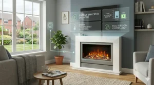 A photorealistic infographic showing an energy-efficient electric fire suite with low running costs and smart thermostat controls for a UK home.