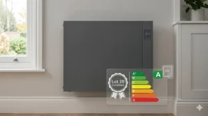 Close-up illustration of the modern anthracite grey electric radiator displaying a green A-rated energy efficiency certification label and a 'Lot 20 Compliant' stamp, set against a light grey wall with soft natural lighting.