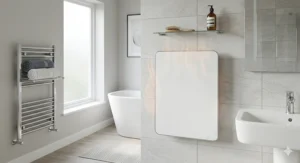 A photorealistic bathroom scene showing an infrared heater emitting a soft glow to indicate energy-efficient heat distribution in a modern home.