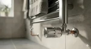 Close-up photograph of a chrome thermostatic radiator valve (TRV) with numbered settings, installed at the base of a modern multi-bar heated towel rail.