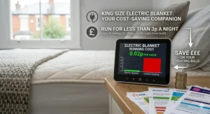 A photorealistic informational graphic set in a British bedroom, showing a modern energy monitor, a stack of British coins, and example UK utility bills, detailing the low running costs of a king size electric blanket to save on heating bills.