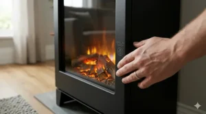 A hand with a silver wedding band gently touches the cool-to-touch black casing of a modern freestanding electric fire.