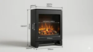A photorealistic diagram showing the height, width, and depth dimensions of a compact freestanding electric fire in millimetres.