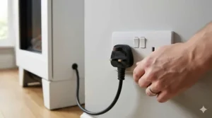 Close-up of a freestanding electric fire being plugged into a standard UK three-pin wall socket for easy installation.
