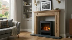 A classic timber mantelpiece surround frames a modern black freestanding electric fire on a slate hearth.