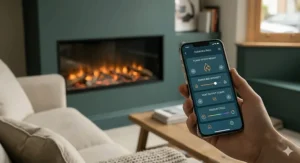 A traditional matte black electric stove with a glowing log fuel bed sat on a slate hearth.